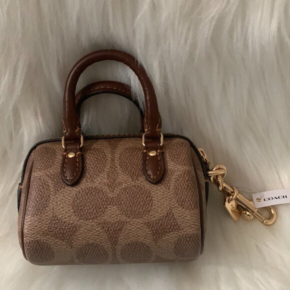 COACH Mini Rowan Bag Charm with Key Ring in Khaki/Mahogany - Picture 3 of 3
